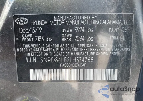 2020 Hyundai Elantra Sel z USA, uszkodzony, nr VIN 5NPD84LF2LH574768